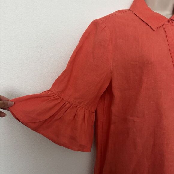 Chicos Linen Orange Fluted Sleeve Shift Dress Sz 8 Pockets Collared Minimalist - Picture 4 of 11